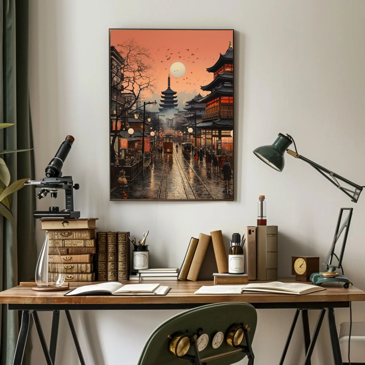 Vibrant Japanese Cityscape Sunset with Pagoda Cultural Poster