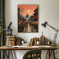 Vibrant Japanese Cityscape Sunset with Pagoda Cultural Poster