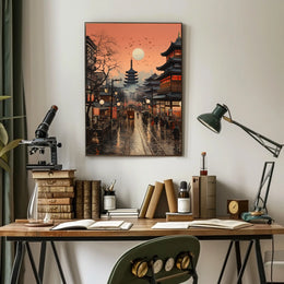 Vibrant Japanese Cityscape Sunset with Pagoda Cultural Poster