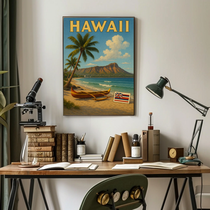 Hawaii Canoe Flag Diamond Head Ocean View Travel Poster
