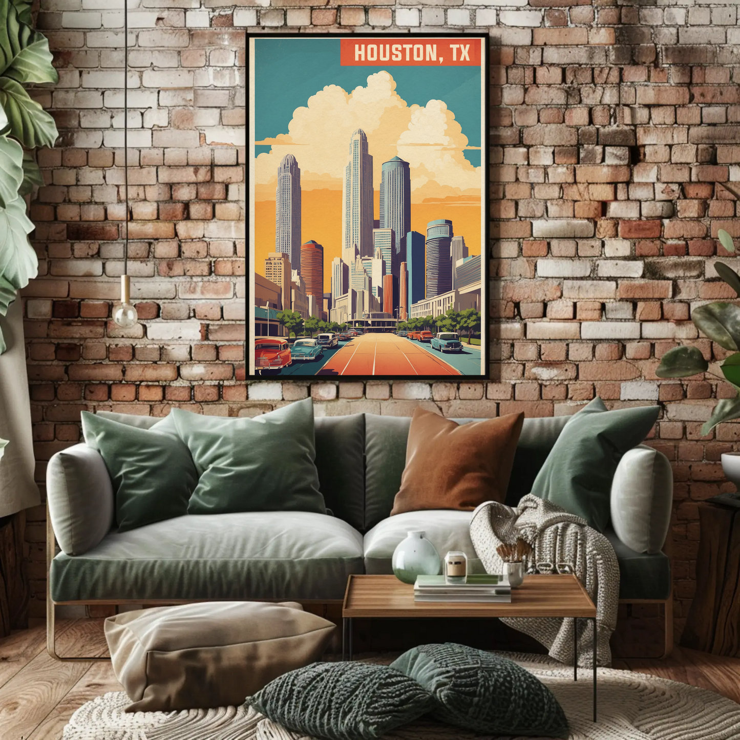 Houston Texas Skyline Classic Cars Sunset Vintage Travel Poster
