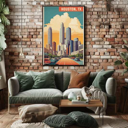 Houston Texas Skyline Classic Cars Sunset Vintage Travel Poster