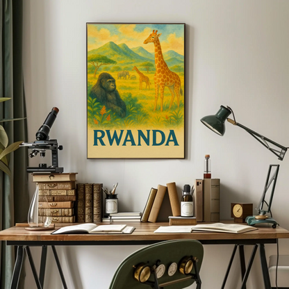 Rwanda Safari Animals Valley Scene Travel Poster