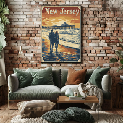 New Jersey Vintage Poster - Romantic Beach Walk