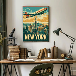 New York Skyline with Airplane Poster Vintage Wall Art