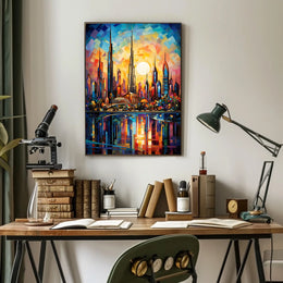 Vibrant Mosaic Cityscape Art Poster Celebrates Urban or Cityscape Poster
