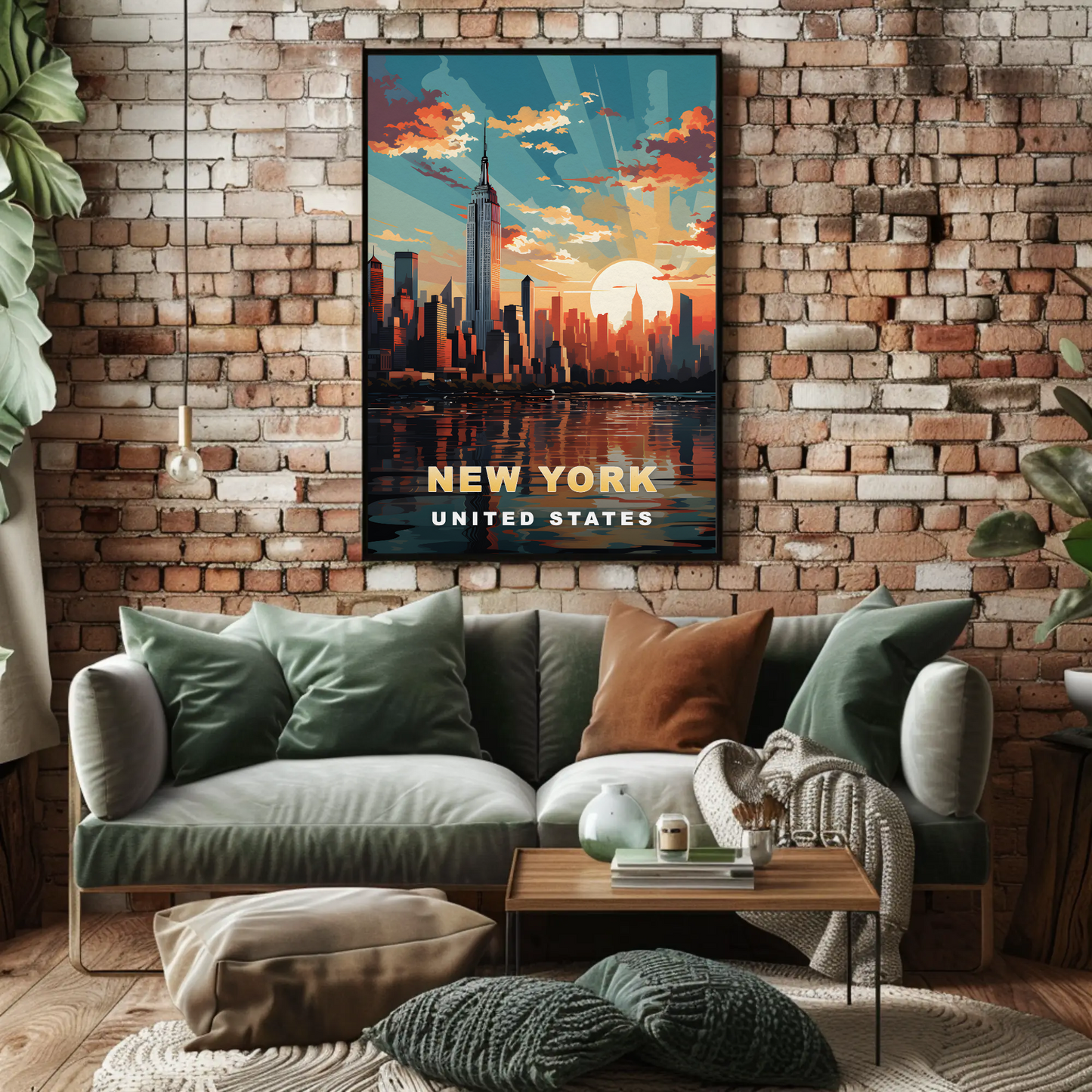 New York City Empire Sunset Reflection Vintage Travel Poster