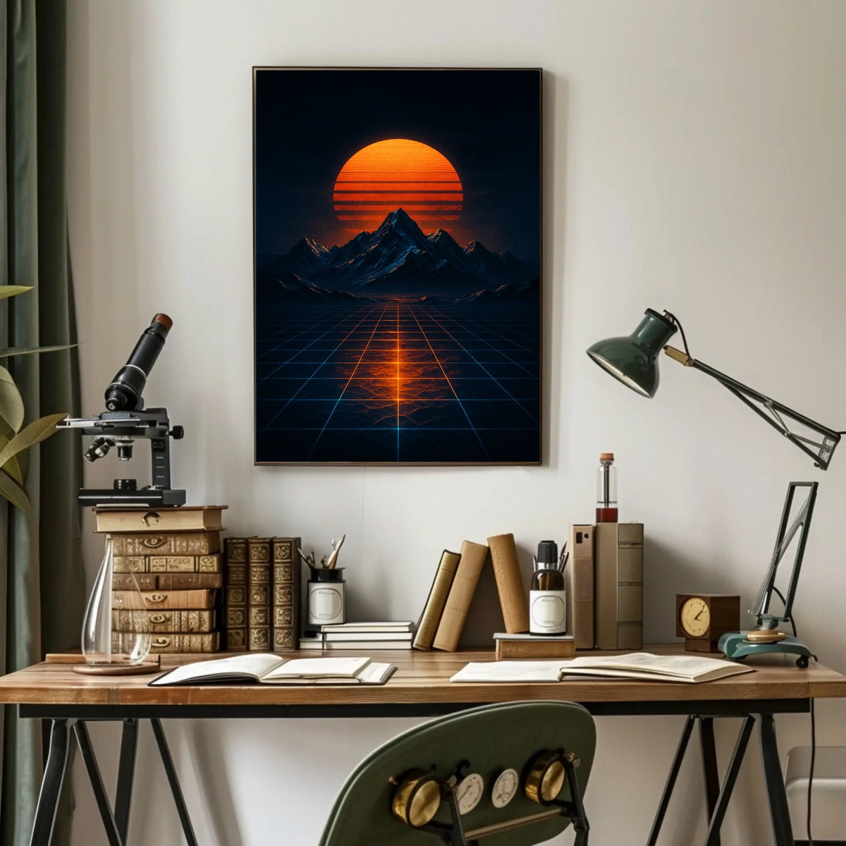 Retrofuturistic Landscape Art with Glowing Sun Futuristic Sci-Fi Poster