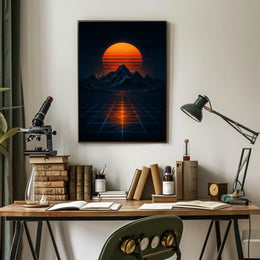 Retrofuturistic Landscape Art with Glowing Sun Futuristic Sci-Fi Poster