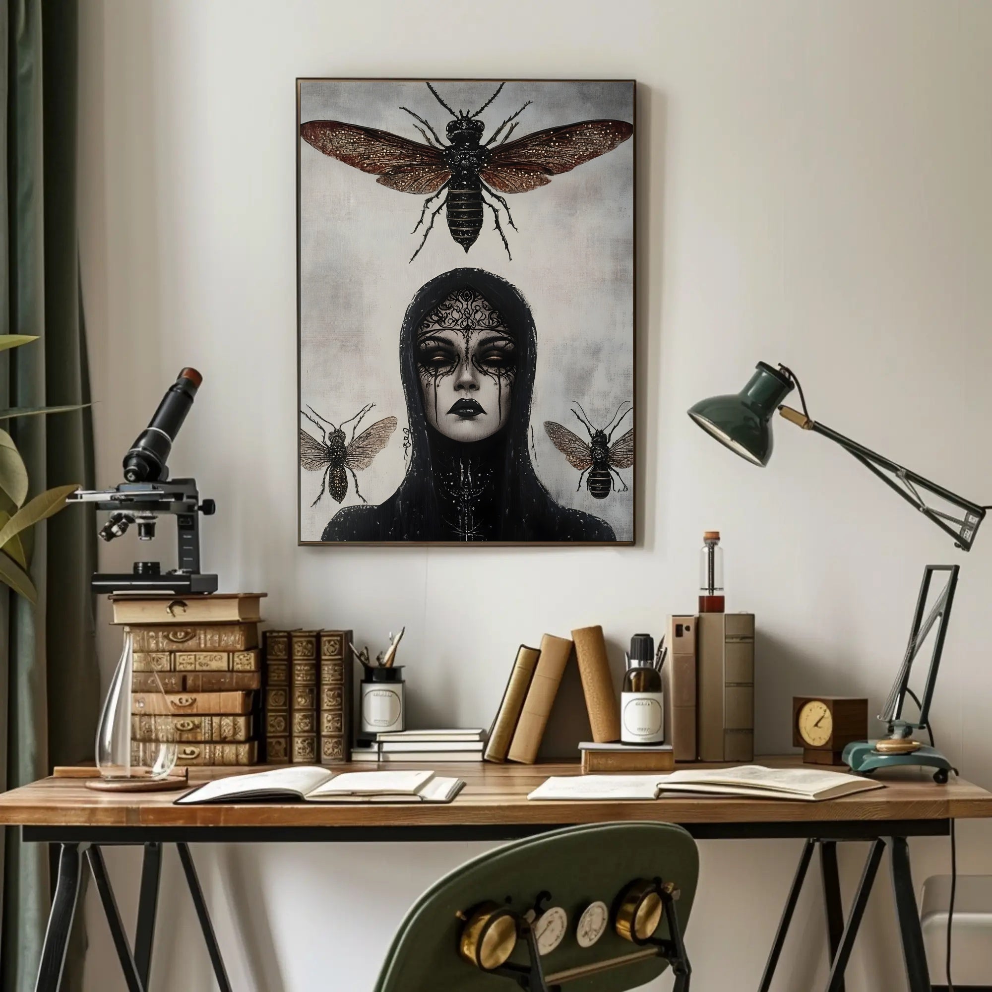 Eerie Gothic Woman with Insects: Artistic Poster PosterGoat