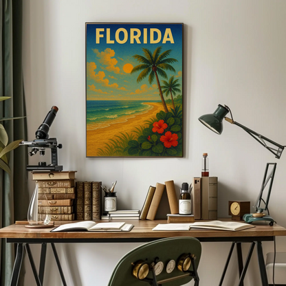 Florida Beach Palm Trees Hibiscus Flowers Travel Poster