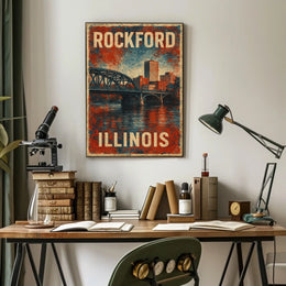 Rockford Illinois Retro Bridge Cityscape Collectors Poster