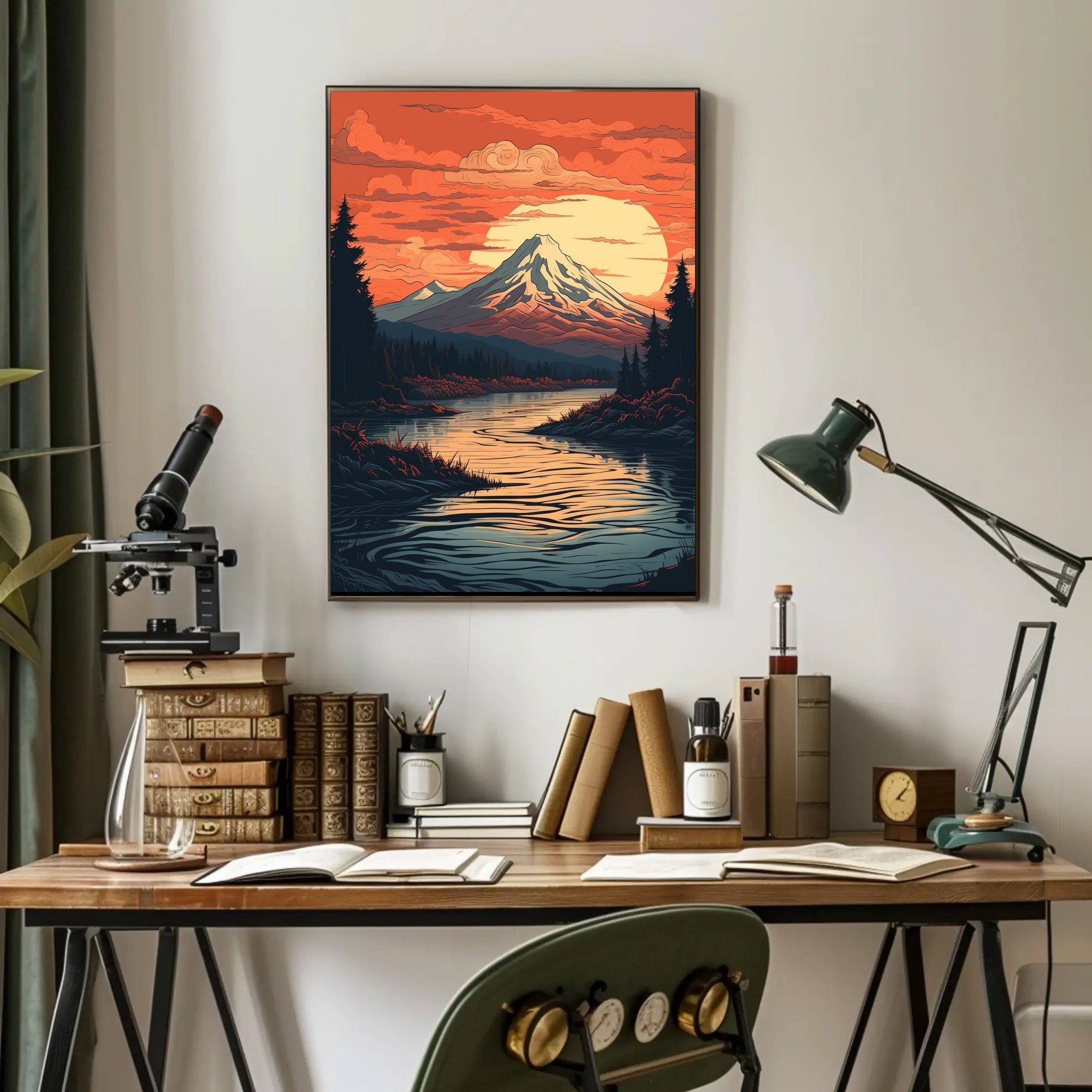 Mountains and River Scenic View Vintage Travel Poster