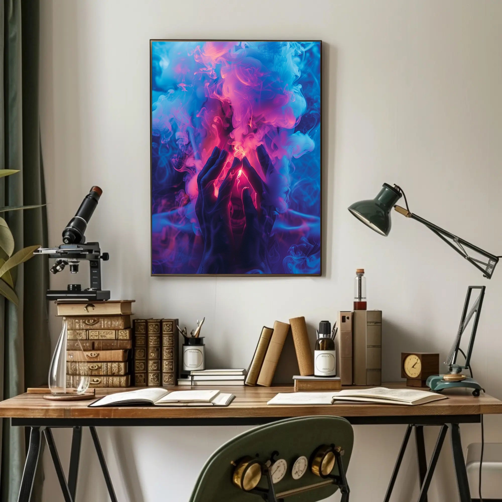 Mystical Hands in Neon Smoke Poster PosterGoat