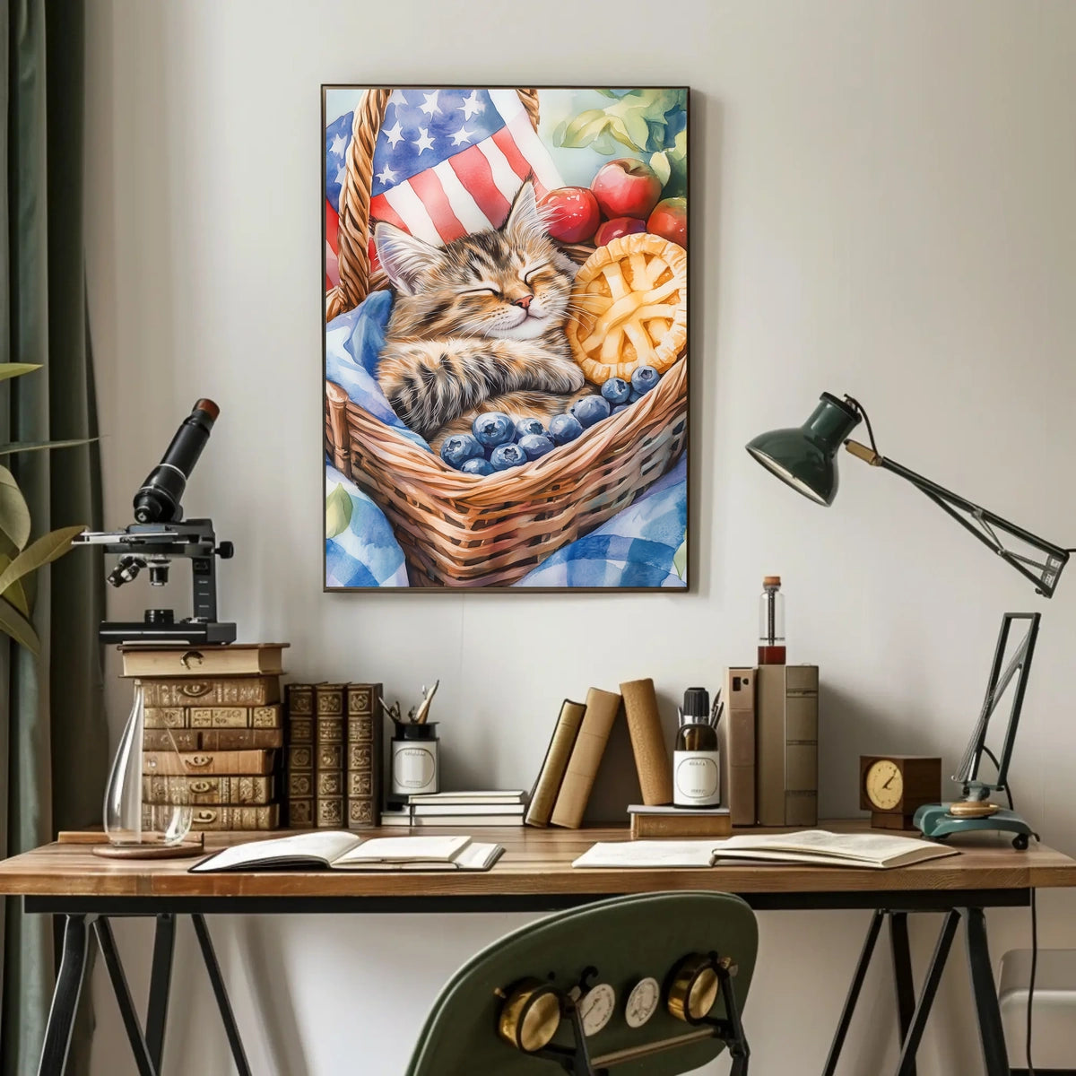 Fluffy Tabby Cat Sleeping In Basket With Fruit Poster