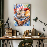 Fluffy Tabby Cat Sleeping In Basket With Fruit Poster