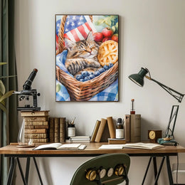 Fluffy Tabby Cat Sleeping In Basket With Fruit Poster