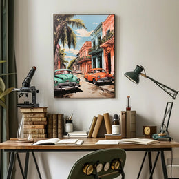 Vintage Cars In A Tropical Street Poster