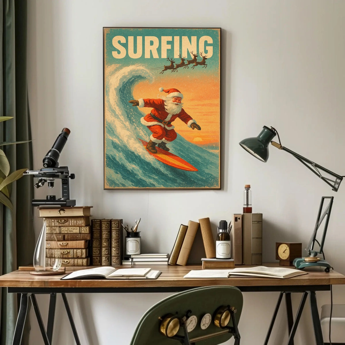 Santa Surfing Retro Christmas Holiday Poster