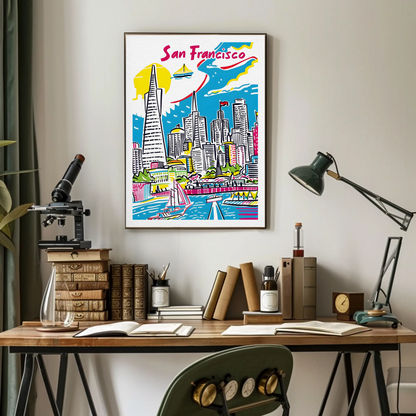 San Francisco California Colorful Skyline Waterfront Travel Poster