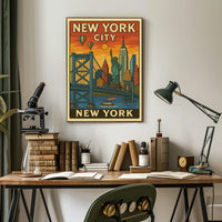 New York Cityscape Poster Vintage Travel Decor Wall Art