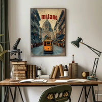 Vintage Tram Scene in Historic Milan Urban or Cityscape Poster