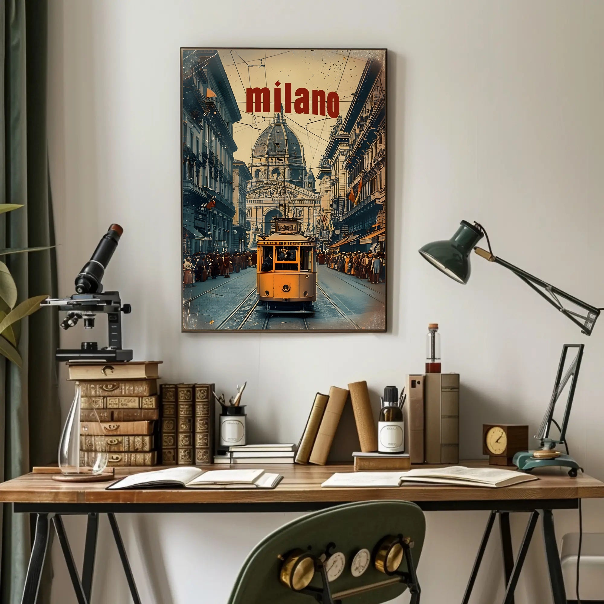 Vintage Tram Scene in Historic Milan Urban or Cityscape Poster