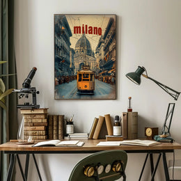 Vintage Tram Scene in Historic Milan Urban or Cityscape Poster