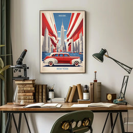 New York City Car Art Poster Vintage Cityscape Wall Art
