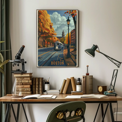 Boston Autumn Streetcar Leaves Trees Travel Poster