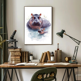 Mother and Baby Hippopotamus Digital Animal Poster