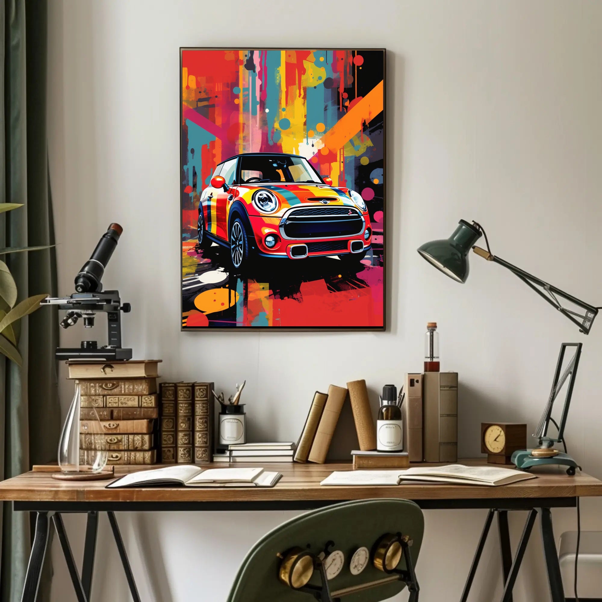 Vibrant Abstract Art Poster with Mini Cooper Illustration