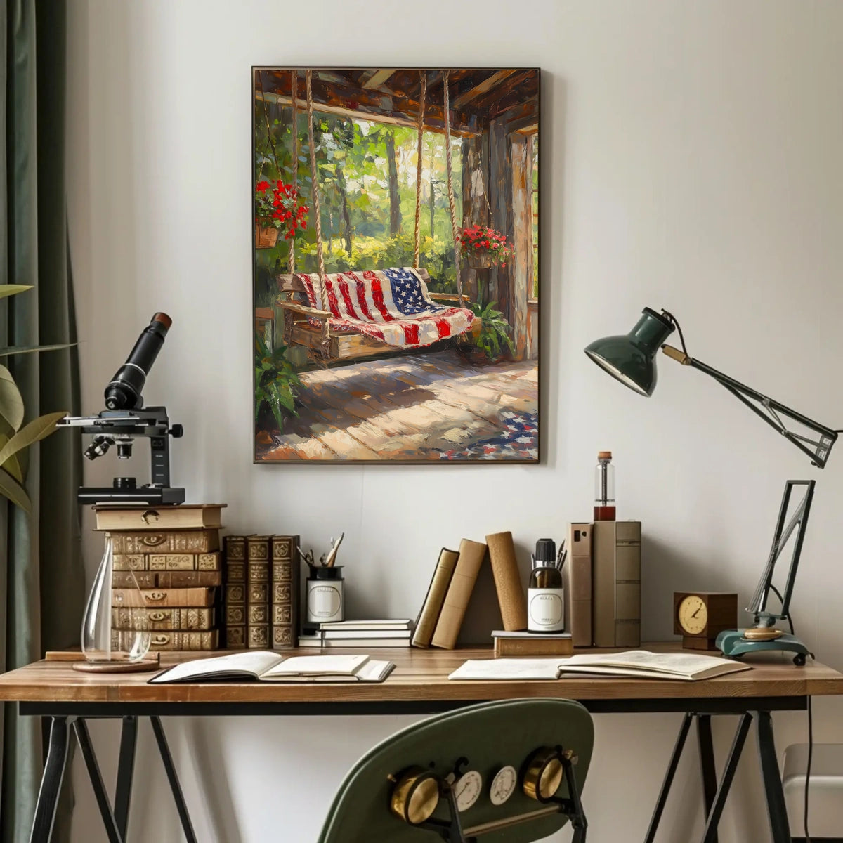 rustic porch swing draped with an American flag Poster