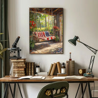 rustic porch swing draped with an American flag Poster
