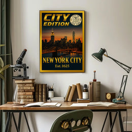 New York City Skyline Sunset Poster Vintage Wall Art