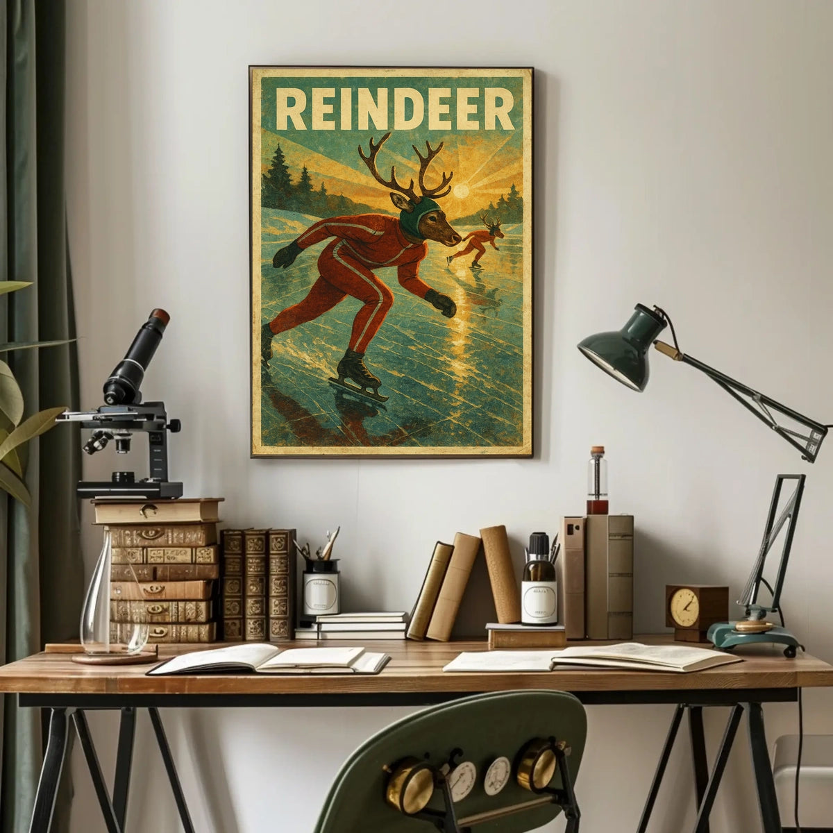 Surreal Reindeer Ice Skating Fantasy Artistic Poster