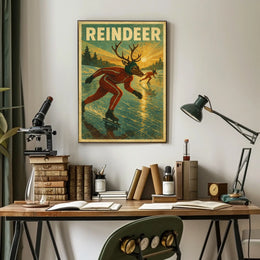 Surreal Reindeer Ice Skating Fantasy Artistic Poster