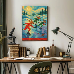 Whimsical Reindeer Skating Retro Art Poster