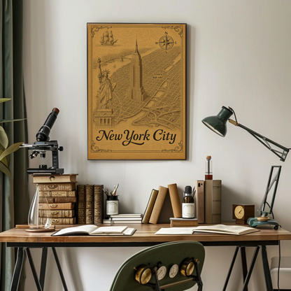 New York City Empire State Building Times Square Map Travel Poster