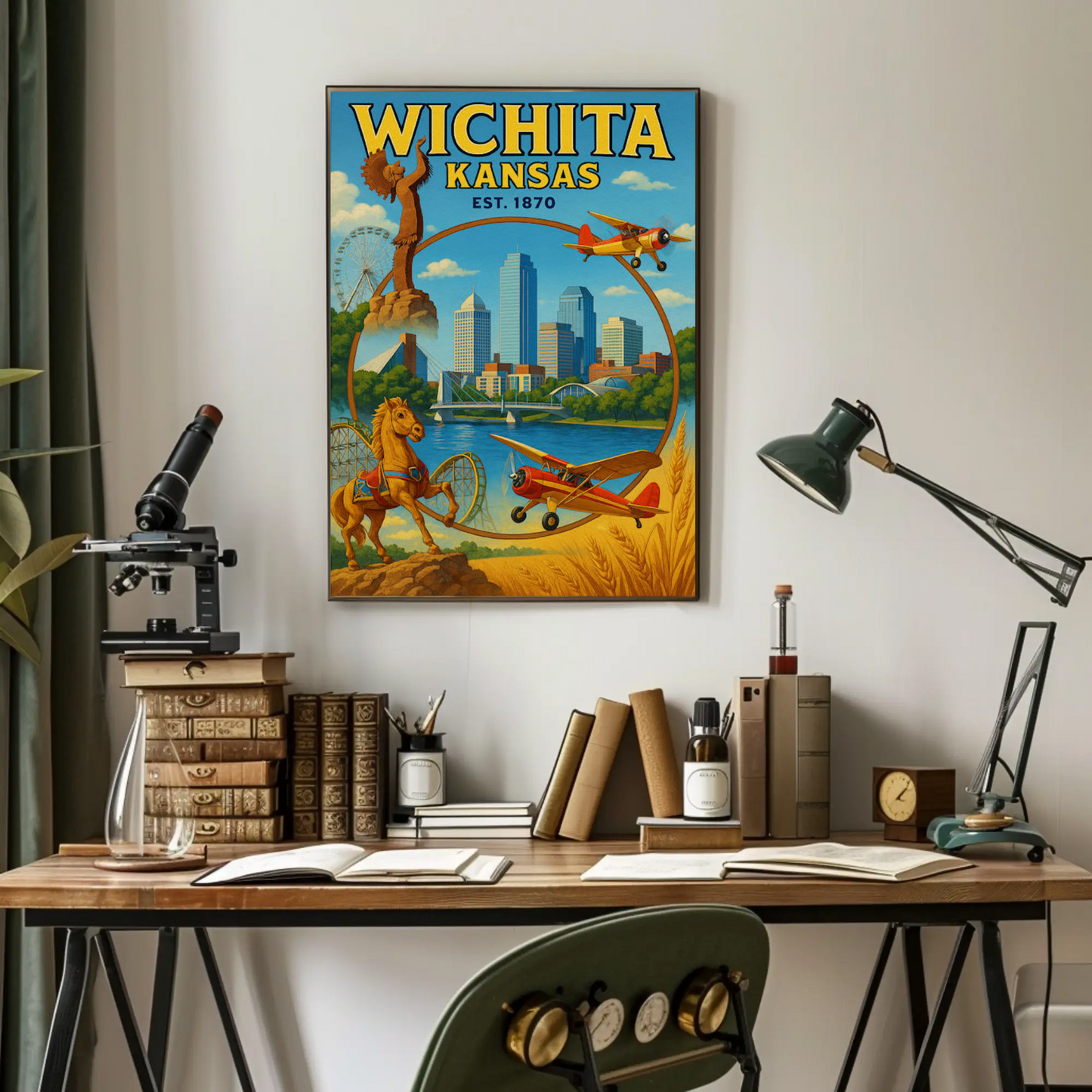 Wichita Kansas Skyline Airplane River Horse Poster Poster