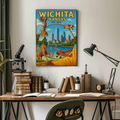 Wichita Kansas Skyline Airplane River Horse Poster Poster