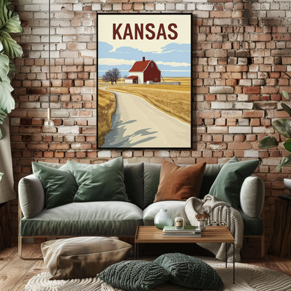 Kansas Barn Roadscape Vintage Poster