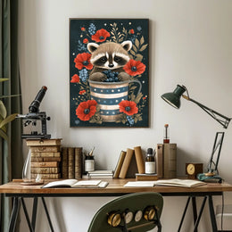 raccoon sitting inside a metal watering can Poster