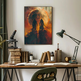 Epic Warriors Under Fiery Moon Fantasy or Mythology Poster PosterGoat
