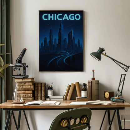 Chicago Futuristic Night Cityscape Blue Lights Travel Poster