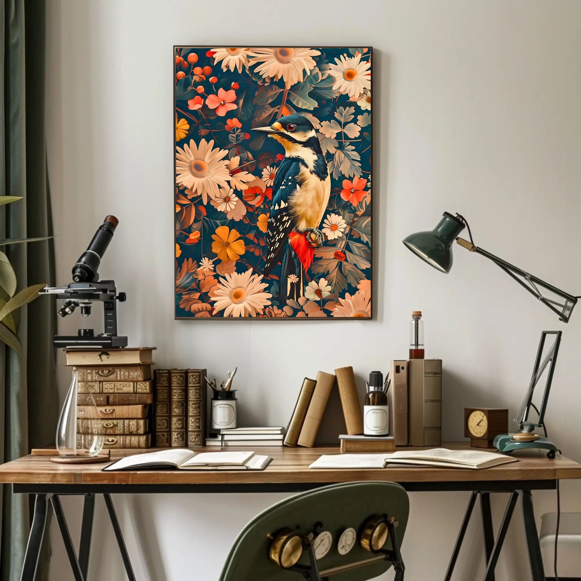 Vibrant Woodpecker Floral Paradise Poster