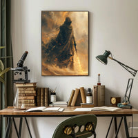Mysterious Robed Figure with Glowing Sword Fantasy Poster PosterGoat