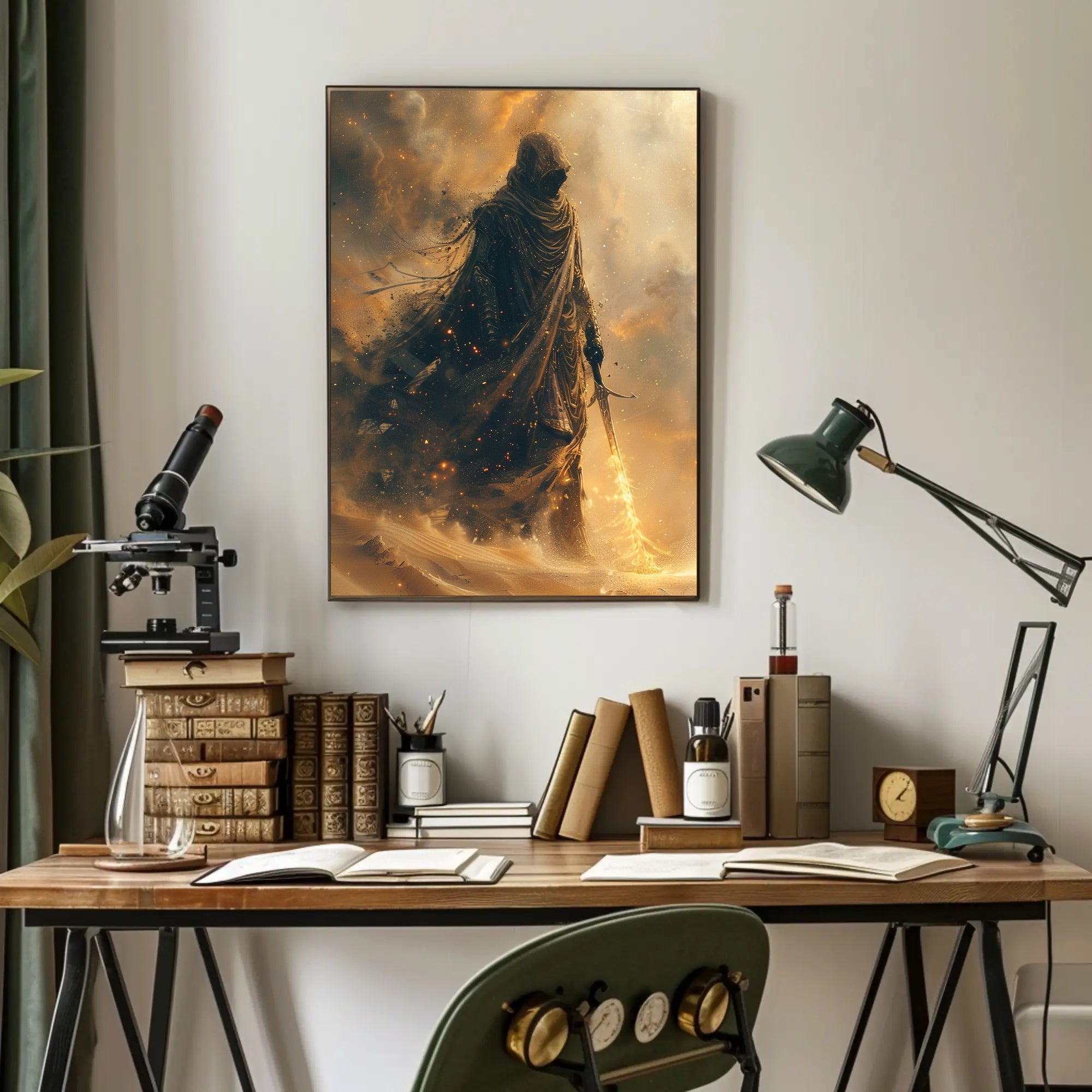 Mysterious Robed Figure with Glowing Sword Fantasy Poster PosterGoat