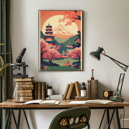 Japan Fuji Pagoda Sakura Moon Spring Sunset Travel Poster