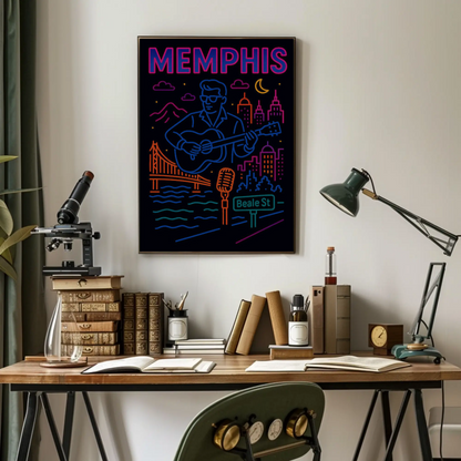 Memphis Beale Street Music Neon Line Art Poster